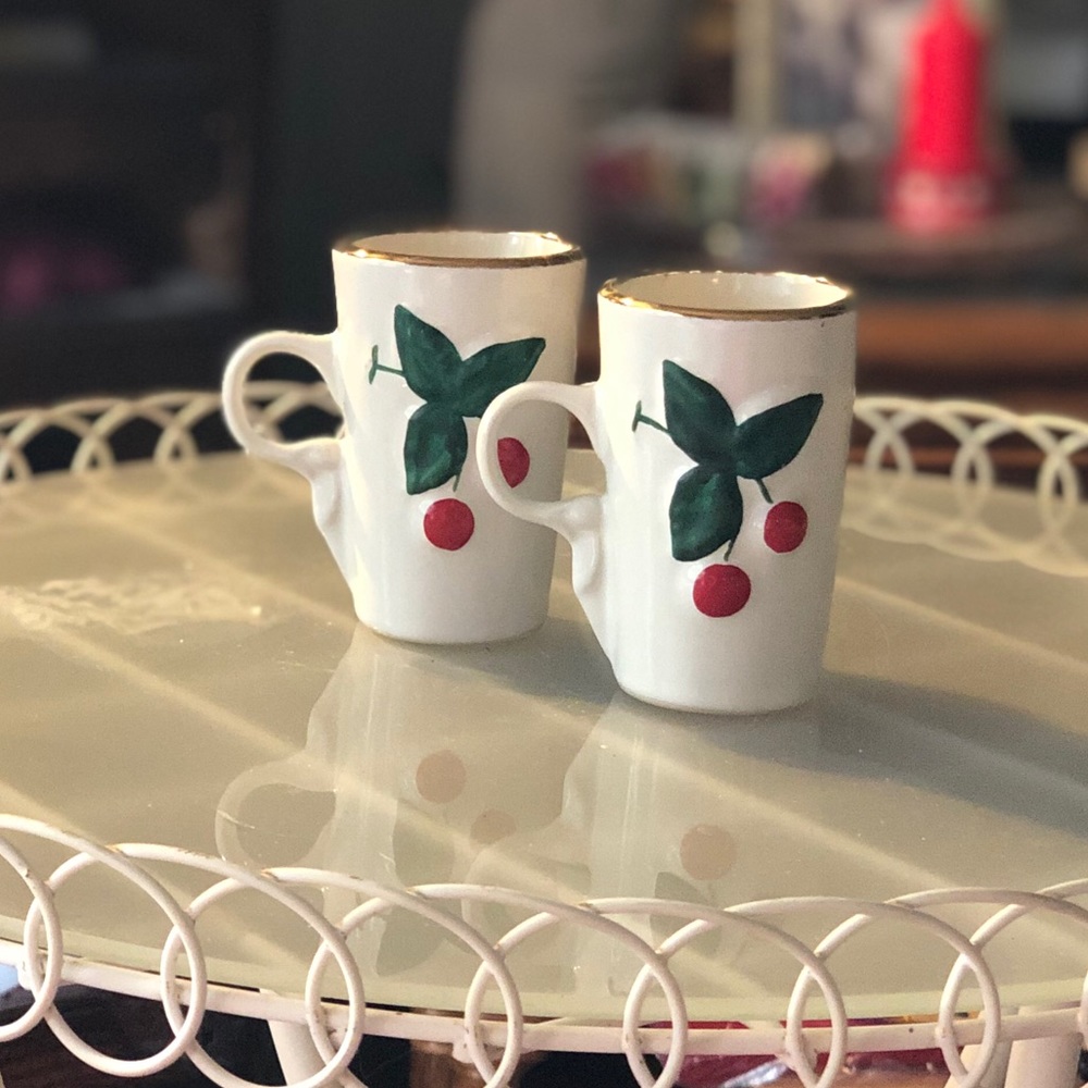 Two Red Cherry Motif Tall Espresso Mugs Cups, Ceramic